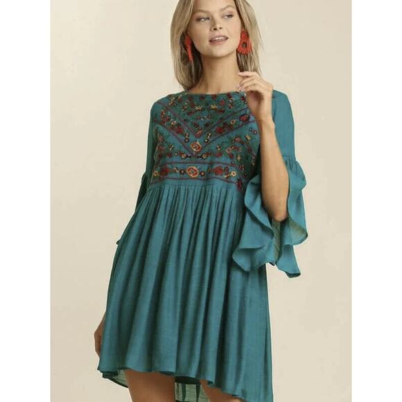 NWT Umgee Floral Embroidered Bell Sleeve Mini Dress Blue Boho Festival Medium - Picture 15 of 16